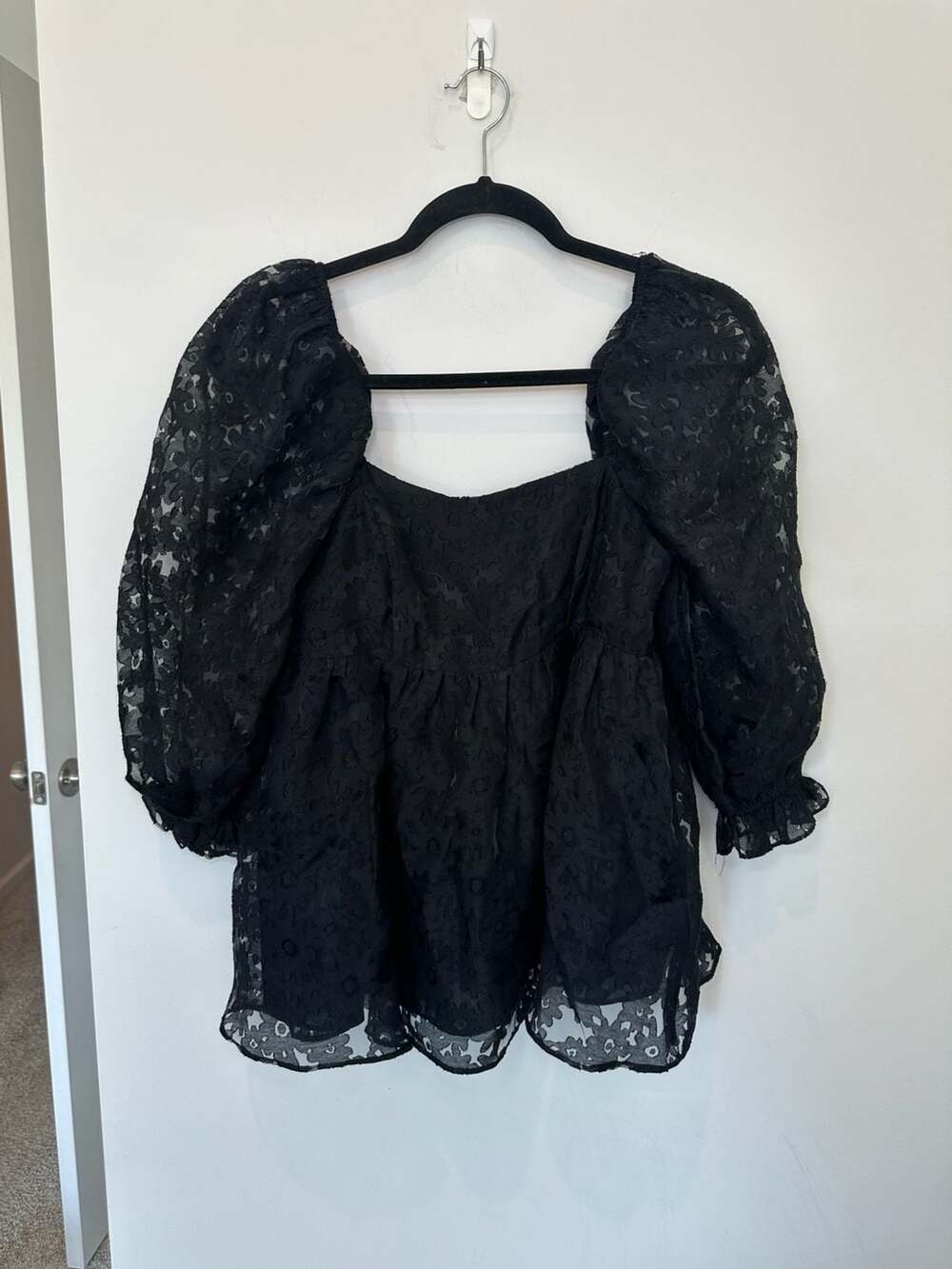 fab'rik Black Burnout Dress Size S Puff Sleeve Babydoll Dress
